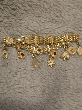 Gold Multi-Charm Dangle Bracelet with Colored Accent Stones - Women Jewelry